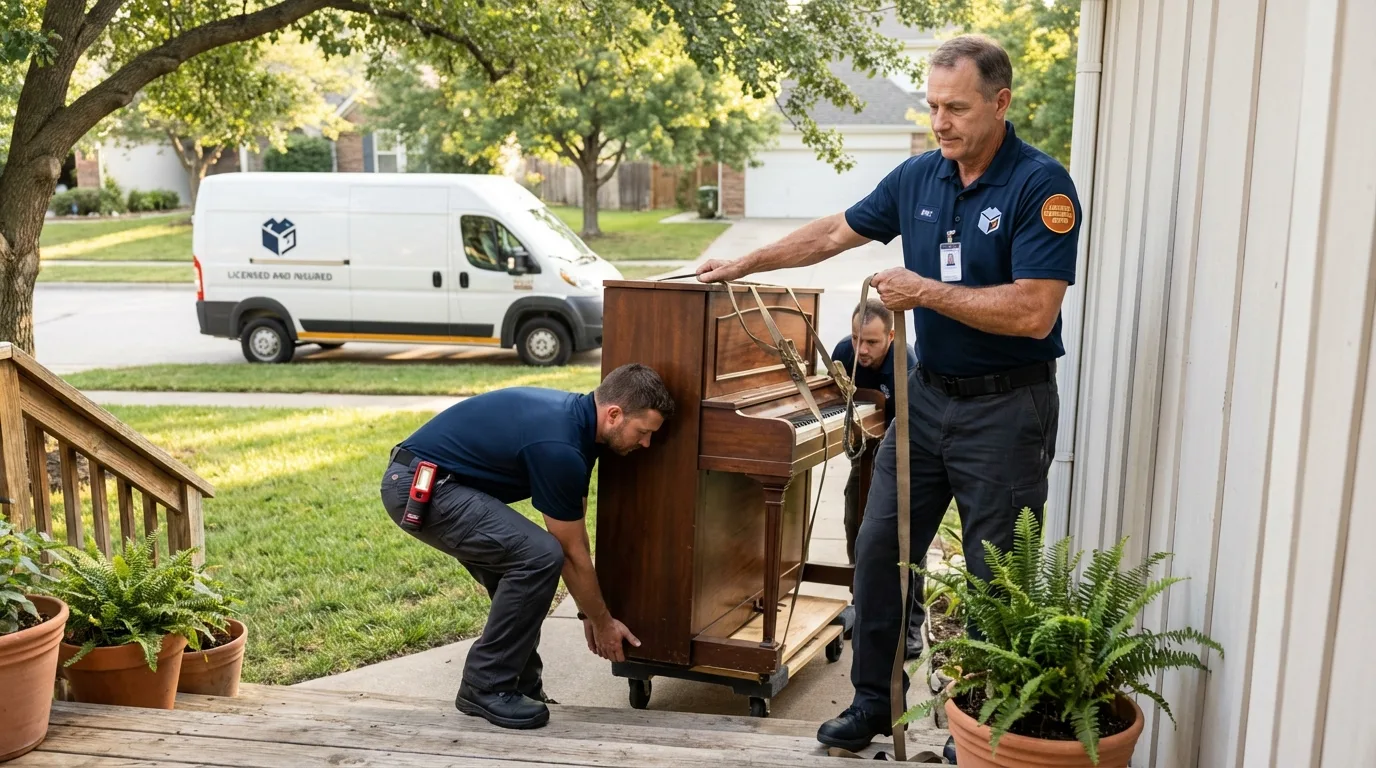 Licensed piano movers securing grand piano in Keytesville, MO