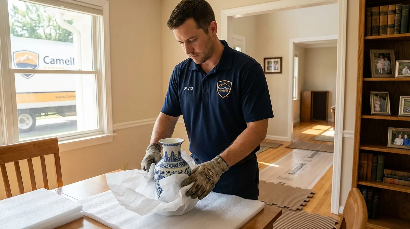 Professional crew carefully wrapping antique vase for senior downsizing move in Keytesville, MO